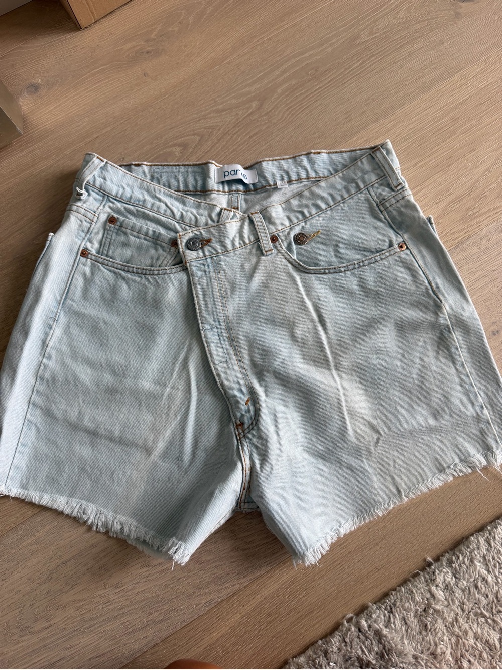 PARKE Light Wash Frayed Hem Denim Crossover Shorts